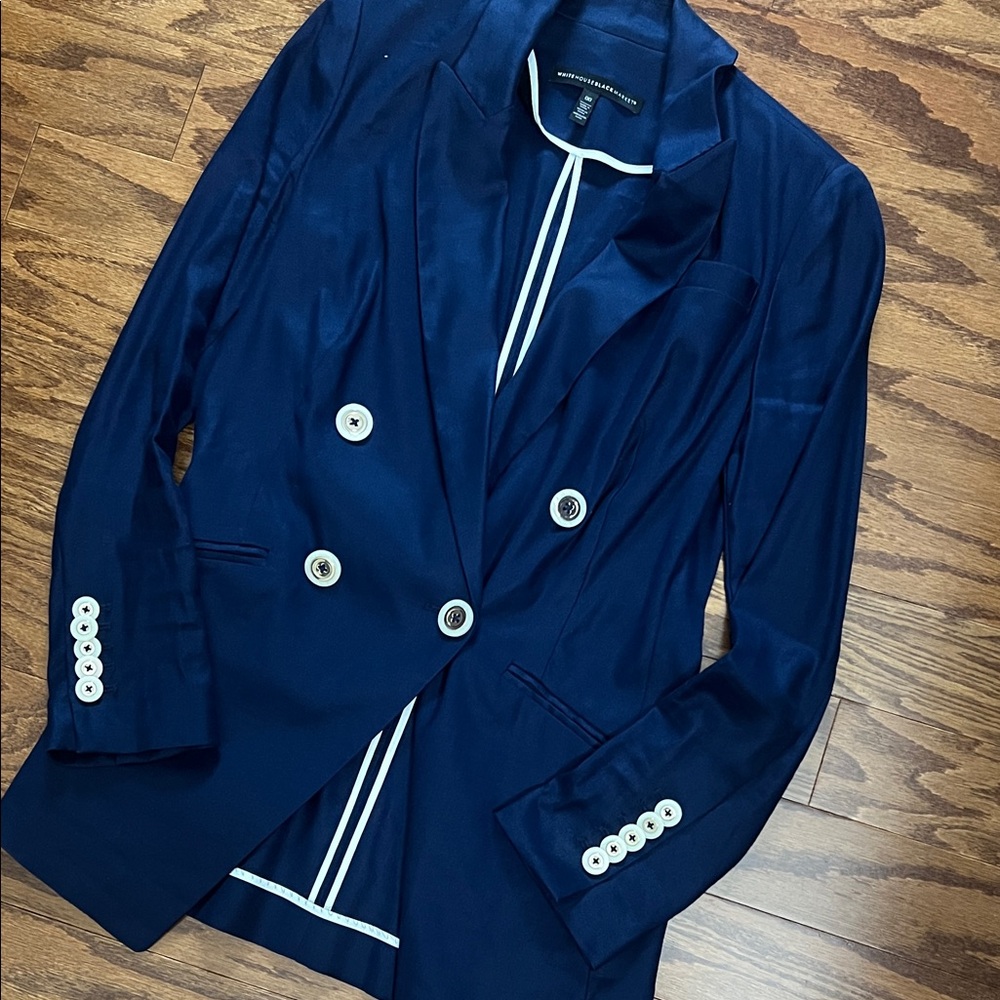 WHBM Linen Navy Double-Breasted Blazer with White Accents, size 00